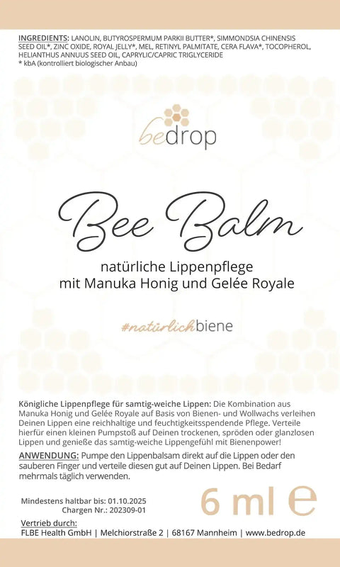 Bee Balm - natürlicher Lippenpflegebalsam mit Manuka Honig, Gelée Royale & Retinol - VITALOVE - Naturprodukte
