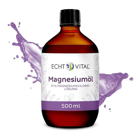 Echt Vital Magnesiumöl 500ml Braunglasflasche mit violettem Spritzeffekt, Produktetikett sichtbar