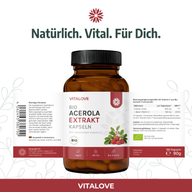 Vitalove Bio Acerola Extrakt mit Produktinformationen und natürlichem Vitamin C