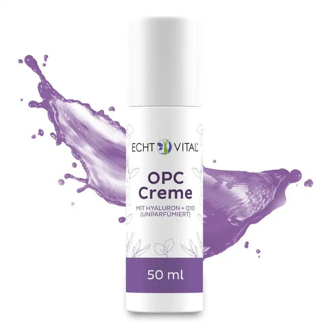 OPC Creme 50 ml Flasche mit violettem Spritz-Effekt, Echt Vital, Hyaluron Q10 unparfümiert