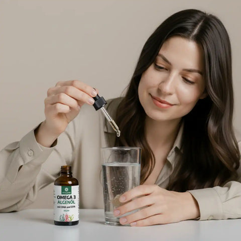 Anwendung der Omega-3 Algenöl Tropfen in einem Getränk