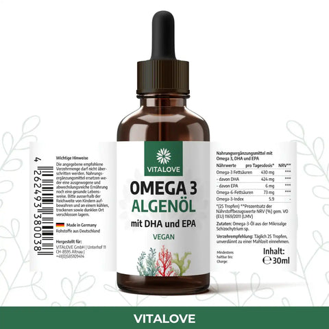 Vegane Omega-3 Algenöl Tropfen mit DHA und EPA