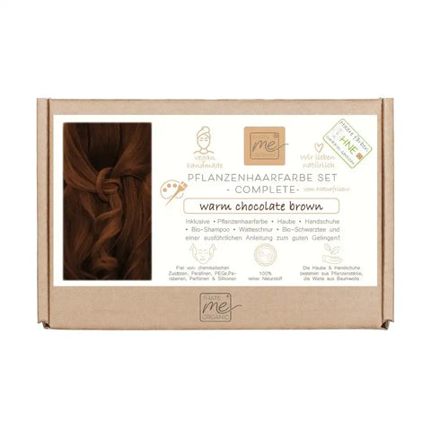 Pflanzenhaarfarbe Set in Karton, warm chocolate brown, vegane Naturhaarfarbe Verpackung