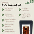 Set-Inhalt für Pflanzenhaarfarbe mit Beutel Bio-Schwarztee, Natur-Pflege-Shampoo, Zubehör