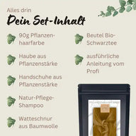 Set-Inhalt mit pflanzlicher Haarfarbe, Bio-Schwarztee, Natur-Pflege-Shampoo und Zubehör