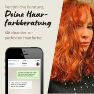 Frau mit roten Haaren, Text zur Haarfarbberatung, Smartphone mit Chat-Verlauf