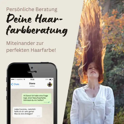 Frau mit wehenden langen Haaren im Freien, Smartphone mit Haarfarbberatung-Chat, Text "Deine Haarfarbberatung".