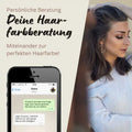 Frau mit braunem Haar, Smartphone-Chat, persönliche Haarfarbberatung Anzeige