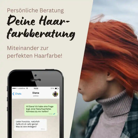 Persönliche Haarfarbberatung, Frau mit roten Haaren im Profil, Smartphone mit Chat-Anfrage