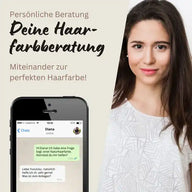 Persönliche Haarfarbberatung mit Frau, Smartphone-Chat und Text zur perfekten Haarfarbe