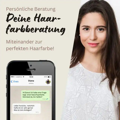 Persönliche Haarfarbberatung mit Frau, Smartphone-Chat und Text zur perfekten Haarfarbe