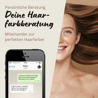 Haarfarbenberatung Werbung mit lächelnder Frau, Smartphone und Beratungschat, natürliche Haarfarbe