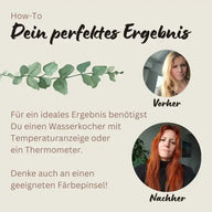 Vorher-Nachher Vergleich Haarfarbe, Frau mit blondem Haar oben, rot gefärbt unten, Anleitung Text