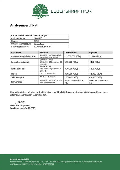 Analysenzertifikat Resveratrol Liposomal 250ml Laborergebnis LebensKraftPur Schadstofffreiheit