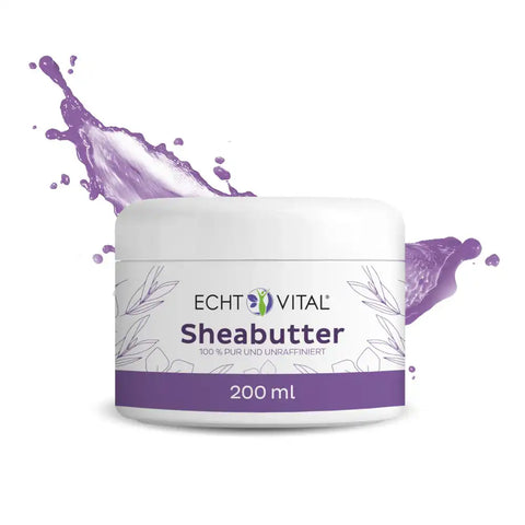 Echt Vital Sheabutter 200ml Dose mit lila Spritz-Effekt, Produktfoto vor weißem Hintergrund