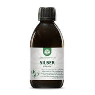 Braune 250ml Flasche mit Etikett Silber Kolloidal von Lebenskraftpur, weiß-grünes Design