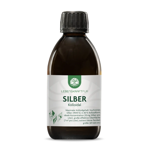 Braune 250ml Flasche mit Etikett Silber Kolloidal von Lebenskraftpur, weiß-grünes Design