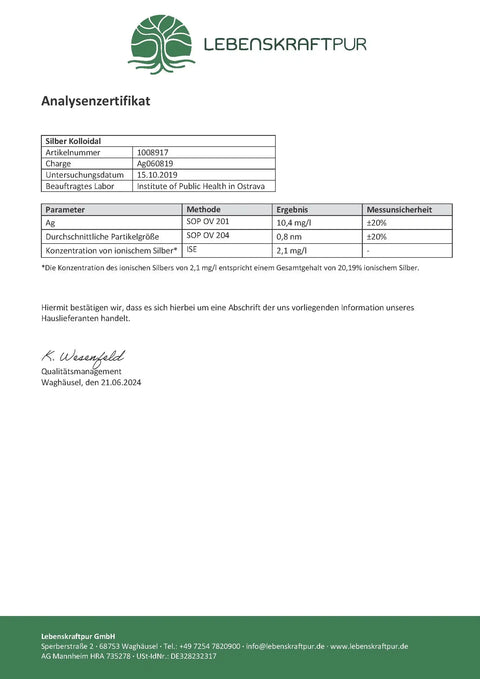 Analysezertifikat für Silberkolloid von Lebenskraftpur mit Messwerten und Laborangaben.