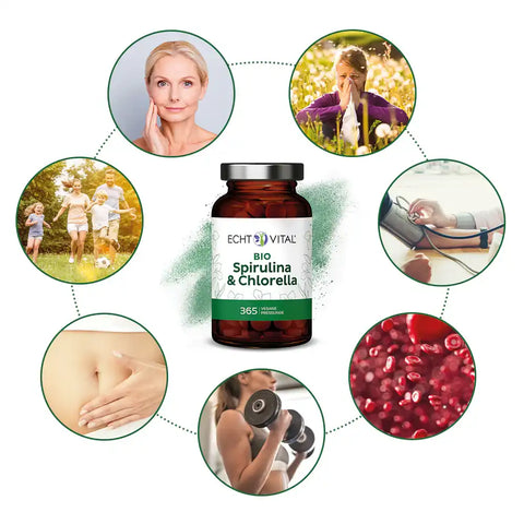 Bio Spirulina Chlorella Tabletten von Echt Vital, umgeben von Bildern zu Gesundheit und Fitness