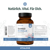 Vitalove Sango Koralle Kapseln mit Verpackungsansicht und Produktinformationen