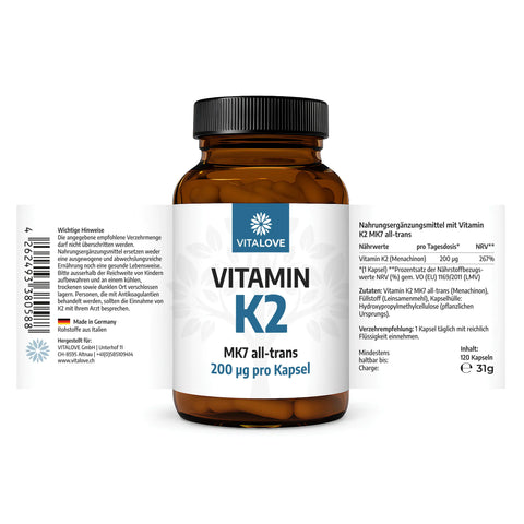 Etikett der Vitamin K2 Kapseln mit 200 µg MK7