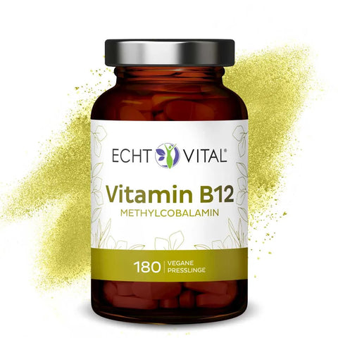 Braunes Glas mit Echt Vital Vitamin B12 Methylcobalamin, 180 vegane Presslinge