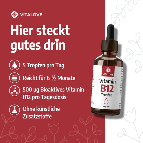B12 Tropfen Flasche auf rotem Hintergrund