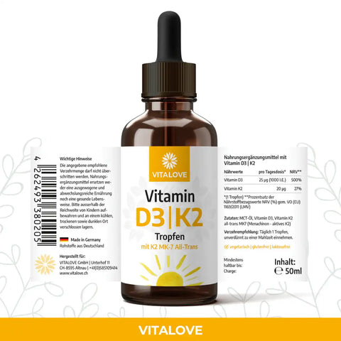 Etikett der Vitamin D3 K2 Tropfen mit MK7 All-Trans