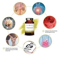 Echt Vital Vitamin K2 Kapseln mit Illustrationen zu Herz, Blut, Knochen, Gehirn, Calcium, Darm.