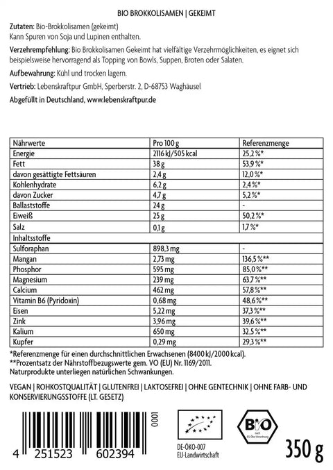 Rückseite der Vitanur Bio Brokkolisamen Gekeimt 350g Verpackung mit Zutaten, Nährwerttabelle und Bio-Siegel.