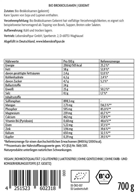 Rückseite einer Vitanur Bio Brokkolisamen Gekeimt 700g Packung mit Zutaten, Nährwerttabelle und Bio-Siegeln