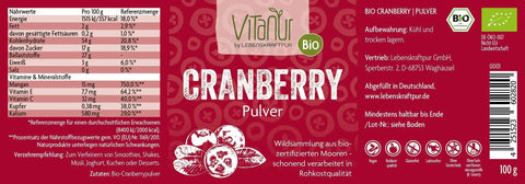 Vitanur Bio Cranberry Pulver 100g Verpackung, Nährwerte, Bio-Siegel, rote Etikette