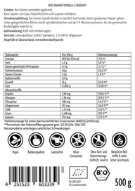Rückseite Vitanur Bio Emmer Spirelli Gekeimt 500g, Zutatenliste, Nährwerttabelle, Bio- und Vegan-Logos