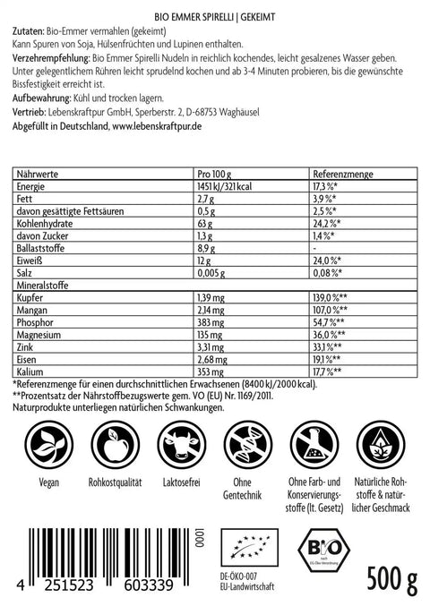 Rückseite Vitanur Bio Emmer Spirelli Gekeimt 500g, Zutatenliste, Nährwerttabelle, Bio- und Vegan-Logos