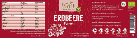 Vitanur Bio Erdbeere Pulver 150g, rote Verpackung mit Erdbeer-Illustration, vegan glutenfrei