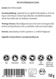 Rückseite der Vitanur Bio Fichtennadeln 150g Packung mit Zutaten, Nährwertangaben, vegan, glutenfrei, laktosefrei, Bio-Siegel und Barcode.