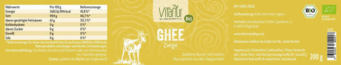 Vitanur Bio Ghee Ziege 200g, gelbe Verpackung mit Ziege, Nährwerttabelle, Bio-Siegel
