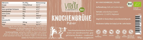 Vitanur Bio Knochenbrühe Pulver 150g Verpackung, Nährwerttabelle, Rinder-Illustration, Bio-Siegel
