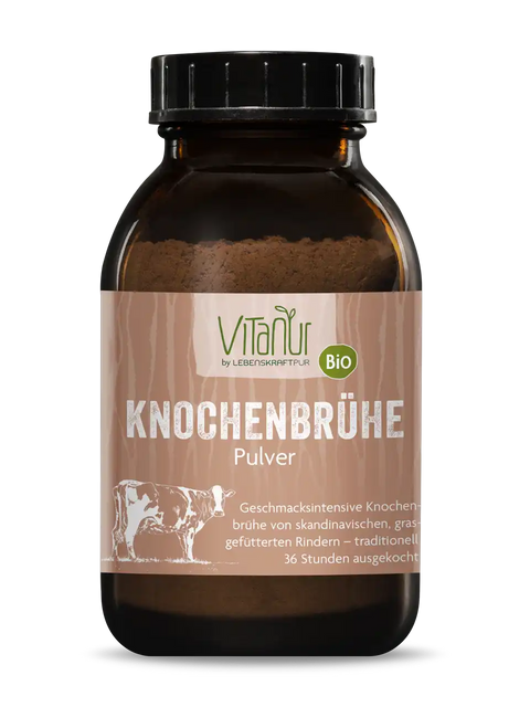 Vitanur Bio Knochenbrühe Pulver 150g im braunen Glas mit Etikett und schwarzem Deckel