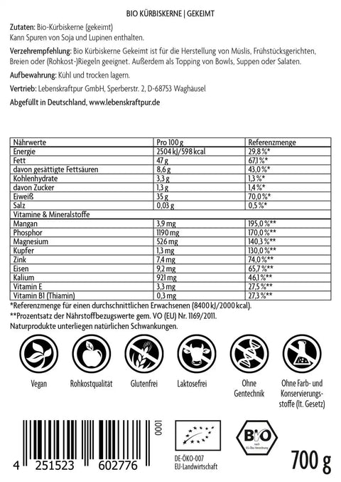 Rückseite Vitanur Bio Kürbiskerne gekeimt 700g, Zutaten, Nährwerte, vegan, glutenfrei, laktosefrei