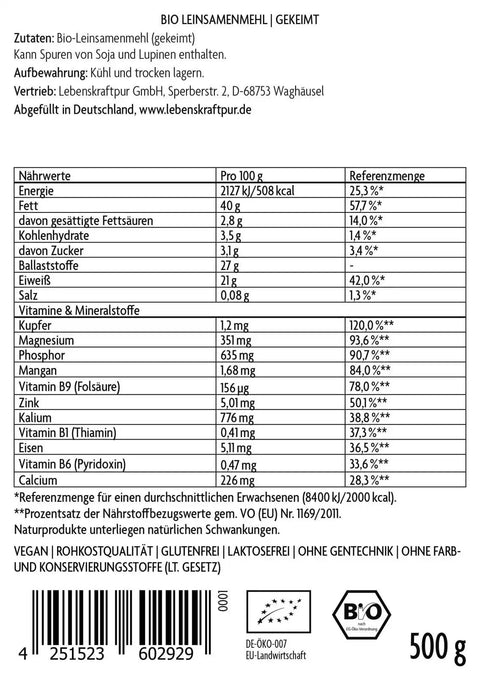 Rückseite von Vitanur Bio Leinsamenmehl Gekeimt 500g mit Zutaten, Nährwerttabelle und Siegeln