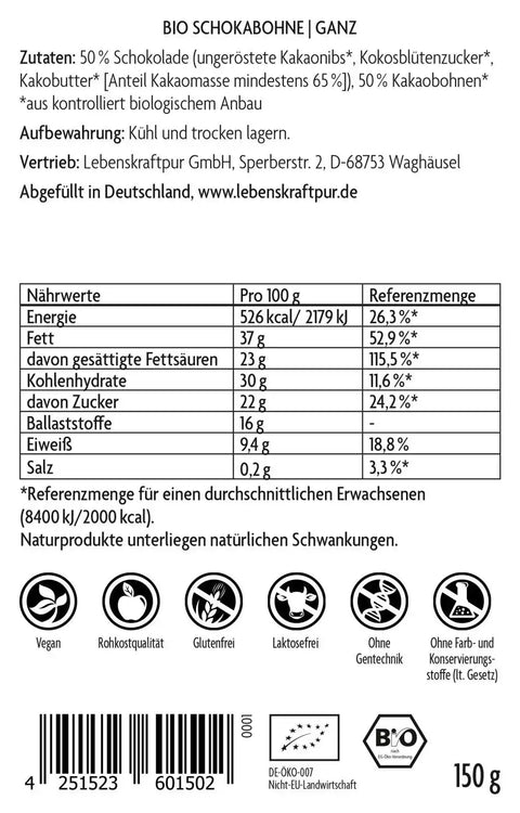 Rückseite Vitanur Bio Schokobohne 150g, Zutatenliste, Nährwerte, Bio- und Vegan-Siegel