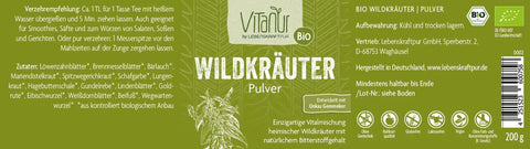 Vitanur Bio Wildkräuter Pulver 200g grüne Verpackung, vegan, glutenfrei, Zutatenliste sichtbar