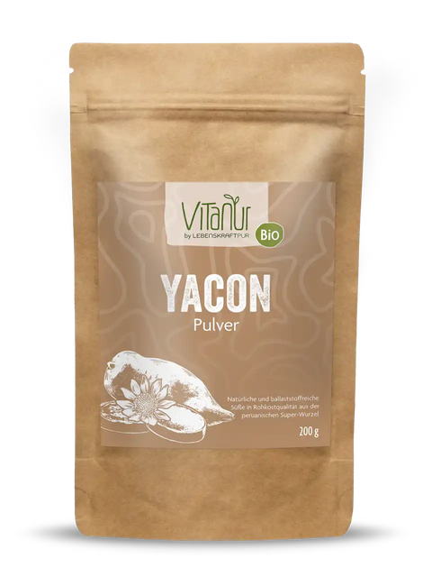 Vitanur Bio Yacon Pulver 200g Beutel, braune Verpackung mit Yacon-Wurzel-Illustration