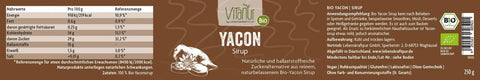 Vitanur Bio Yacon Sirup 250g Etikett, braun, Nährwerte, Bio-Logo, vegan, ballaststoffreiche Zuckeralternative