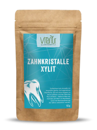Vitanur Zahnkristalle Xylit Beutel, 152g, braune Verpackung mit Zahnmotiv und blauem Etikett