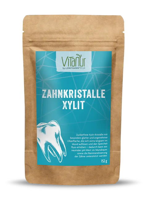 Vitanur Zahnkristalle Xylit Beutel, 152g, braune Verpackung mit Zahnmotiv und blauem Etikett