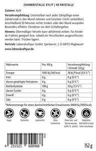 Rückseite der Vitanur Zahnkristalle Xylit Verpackung mit Zutaten, Nährwerttabelle und Icons vegan, glutenfrei, laktosefrei, ohne Gentechnik, ohne Zusatzstoffe.