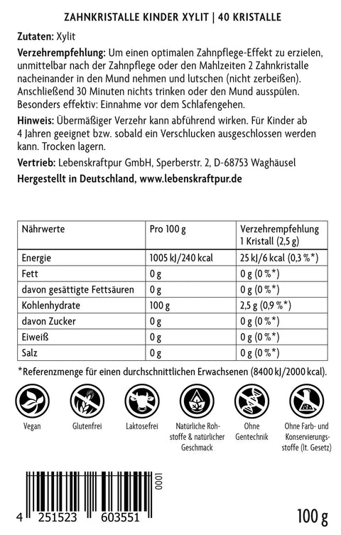Rückseite der Vitanur Zahnkristalle Xylit Kinder, Zutaten, Nährwerte, Symbole, Barcode.
