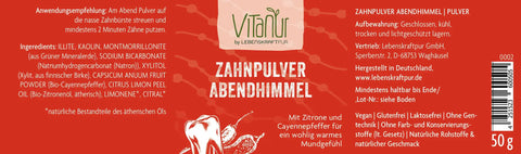 Vitanur Zahnpulver Abendhimmel Verpackung, rote Etikette mit Zitrone und Cayennepfeffer, 50g